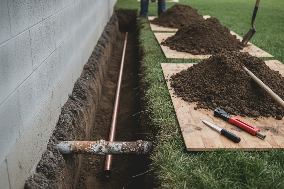 Excavated water line trench during Water Softener Installation in Penhook
